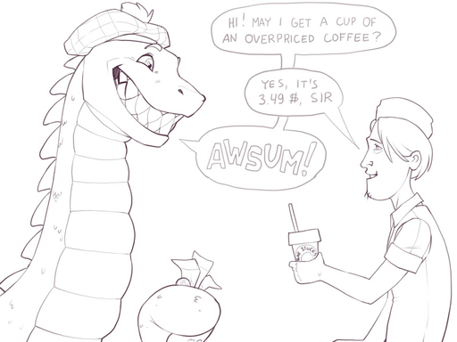 ! 2014 4:3 ? anthro beverage black_and_white black_eyes clothed clothing coffee comedy_central crossover dialogue digital_media_(artwork) duo english_text eyebrows facial_hair fangs food grin happy hat headgear headwear human humor lego loch_ness_monster male mammal money monochrome price scalie sea_monster simple_background sketch smile south_park speech_bubble tam_o'_shanter teeth text the_lego_movie tree_fiddy white_background wolfy-nail // 800x600 // 106.1KB