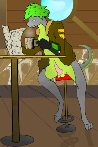anthro bethesda_softworks beverage captainzepto coffee dragon erection fallout feronix food green_eyes green_hair hair male newspaper penis scalie solo video_games // 680x1019 // 382.6KB