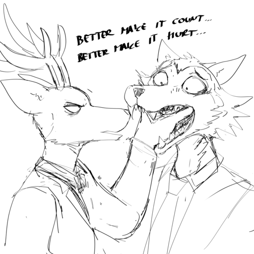 1:1 anthro antlers beastars canid canine canis cervid dialogue duo english_text hand_in_mouth hi_res hladilnik horn legoshi_(beastars) louis_(beastars) male malemale mammal monochrome sharp_teeth sketch teeth text wolf // 1280x1280 // 185.5KB