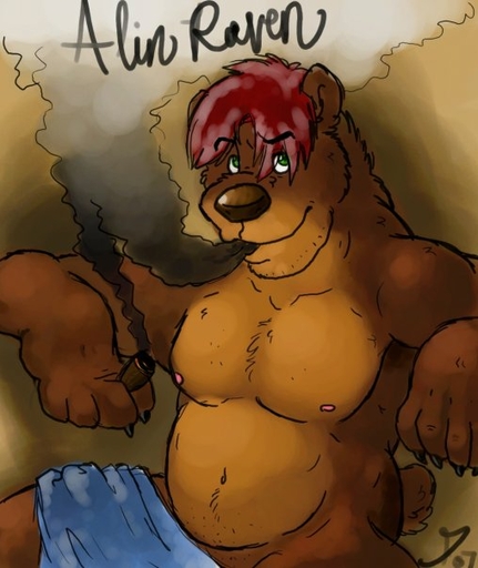 2012 alin_raven anthro biceps brown_bear brown_body brown_fur cigar claws dramamine english_text fur green_eyes grizzly_bear hair looking_at_viewer male mammal muscular muscular_anthro muscular_male nipples nude paws pecs red_hair slightly_chubby smoke smoking solo text ursid ursine // 508x604 // 49.4KB