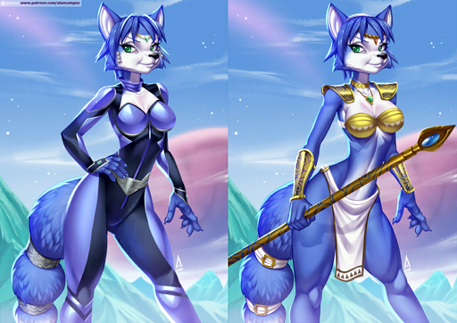 alanscampos anthro biped bra breasts canid canine clothing cloud female fox krystal krystal's_staff mammal sky smile solo staff standing star tight_clothing underwear video_games // 1100x777 // 466.7KB