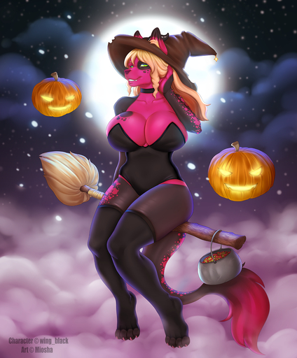 2018 anthro blonde_hair breasts canid canine detailed_background digital_media_(artwork) dragon female green_eyes hair hi_res hybrid mammal miosha night outside sky smile solo star starry_sky // 1059x1280 // 1.1MB