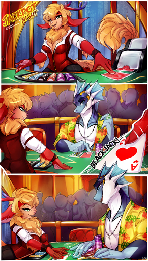 anthro breasts casino cervid clothed clothing comic dragon duo female fish hi_res hybrid male mammal marine poker shark sitting smile spirale standing // 1138x2000 // 1.9MB
