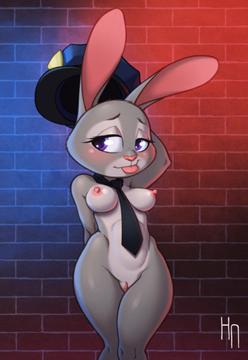 2017 anthro areola blush breasts brick clitoris disney erect_nipples eyelashes female fur genitals grey_body grey_fur half-closed_eyes hand_behind_head hi_res hotneon judy_hopps lagomorph leporid long_ears looking_at_viewer mammal narrowed_eyes necktie nipples nude pink_nose police_hat pose purple_eyes pussy rabbit smile solo standing tongue tongue_out white_body white_fur wide_hips zootopia // 824x1200 // 1.3MB