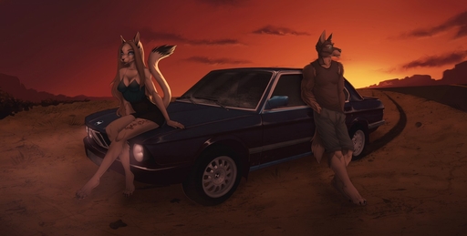 2017 4_toes anthro black_nose blue_eyes bmw breasts brown_body brown_fur brown_hair canid canine canis car catherinemeow claws clothed clothing cloud detailed_background digital_media_(artwork) digitigrade domestic_cat domestic_dog duo feet felid feline felis female fluffy fluffy_tail fur green_eyes hair looking_at_viewer male mammal multicolored_body multicolored_fur muscular muscular_anthro muscular_male open_mouth open_smile outside paws sitting sky smile sunset tattoo toe_claws toes two_tone_body two_tone_fur vehicle white_body white_fur // 1280x647 // 97.9KB