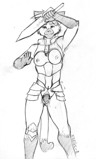 2006 anthro armor black_and_white bottomless breasts clothed clothing digital_media_(artwork) domestic_cat erika_(meesh) exposed felid feline felis female genitals graphite_(artwork) holding_object holding_sword holding_weapon mammal meesh melee_weapon monochrome nipples pencil_(artwork) pussy siamese sketch solo sword topless traditional_media_(artwork) unconvincing_armor warrior weapon // 600x994 // 288.1KB