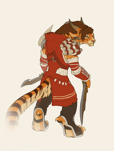 2015 ambiguous_gender anthro armor biped bone charr claws clothed clothing dagger digital_media_(artwork) digitigrade felid guild_wars hi_res horn looking_at_viewer looking_back mammal melee_weapon multi_ear simple_background snowskau solo standing stripes teeth vera_strikepaw_(fuzzikayu) video_games weapon white_background yellow_eyes // 970x1280 // 385.9KB