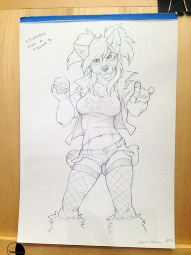 2015 3:4 ? anthro black_and_white black_eyes black_nose bottomwear breasts canid canine canis claws clothed clothing domestic_dog ear_piercing english_text eyebrows eyelashes female fishnet fur graphite_(artwork) grin hair herding_dog hi_res holding_object holding_pokeball jacket legwear looking_at_viewer mammal monochrome navel nintendo pastoral_dog pencil_(artwork) photography_(artwork) piercing pokeball pokemon real shirt shorts simple_background sketch smile solo teeth text topwear traditional_media_(artwork) video_games watermark welsh_corgi white_background wolfy-nail // 960x1280 // 438.4KB