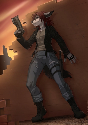 2015 anthro bethesda_softworks biped black_nose canid canine clothed clothing digital_media_(artwork) fallout female fingerless_gloves fully_clothed gloves gun hair handgun handwear hi_res holding_gun holding_object holding_weapon katinka_vexoria knife mammal pistol ranged_weapon red_hair solo standing teeth video_games weapon wolfy-nail // 894x1280 // 123.6KB