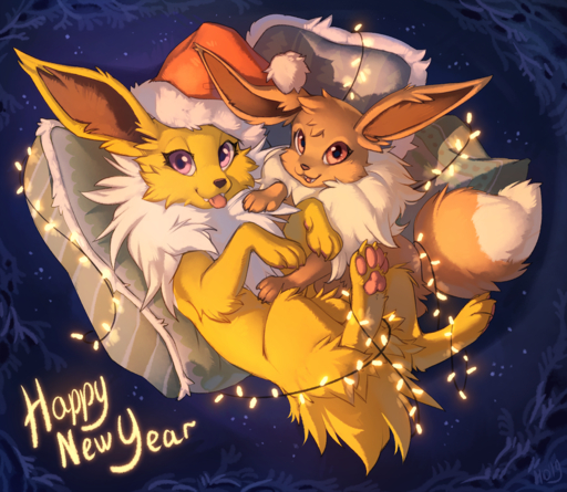2019 ambiguous_gender blep christmas_clothing christmas_headwear clothing digital_media_(artwork) duo eevee eeveelution english_text feral hat headgear headwear hioshiru holidays jolteon looking_at_viewer neck_tuft pawpads pokemon_(species) santa_hat text tongue tongue_out tuft video_games // 1280x1113 // 1.7MB