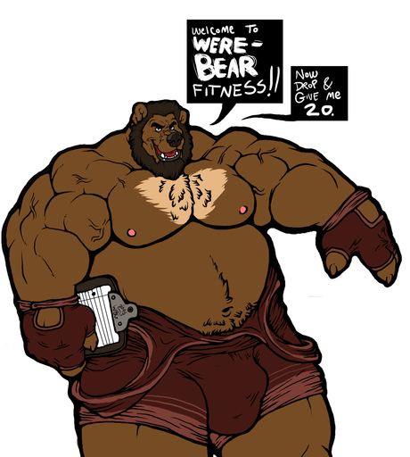 anthro beard belly biceps big_biceps biped black_nose body_hair bottomwear brown_bear brown_eyes brown_hair bulge chest_hair claws clothed clothing dialogue dramamine english_text exclamation_point facial_hair front_view gloves grizzly_bear hair handwear looking_at_viewer male mammal manly mature_anthro mature_male muscular muscular_anthro muscular_male nipples open_mouth pants paws pecs pose shirt solo speech_bubble standing tank_top teeth text tongue topless topwear trainer ursid ursine were wereursid wereursine // 1000x1113 // 353.4KB