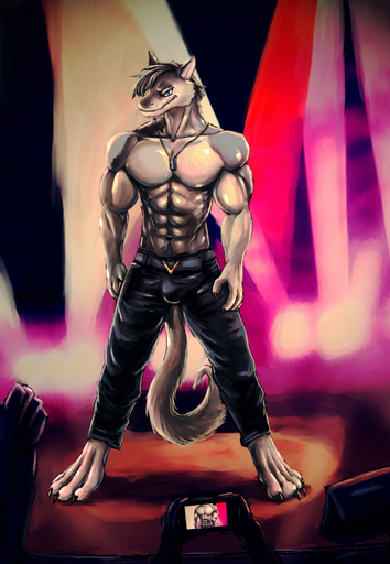 abs biceps bleakcat blue_eyes bottomwear camera clothed clothing digital_media_(artwork) discordnight hair hi_res jewelry male muscular muscular_male necklace pants sergal solo standing topless triceps // 1383x2000 // 1.2MB