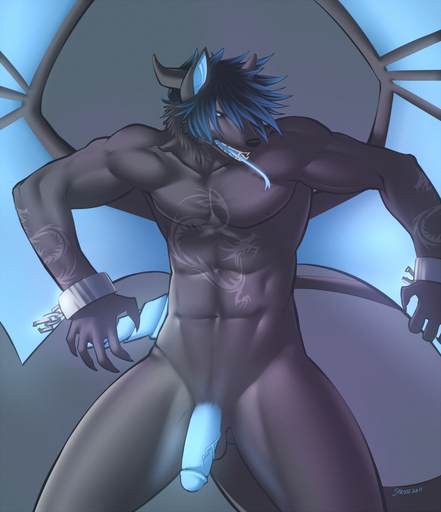 abs anthro balls biceps biped black_nose blue_eyes blue_hair blue_penis blue_tongue canid canine chain day erection forked_tongue front_view fur genitals grey_background grey_body grey_fur hair horn humanoid_genitalia humanoid_penis male mammal muscular muscular_anthro muscular_male navel nude pecs penis pose seductive shackles sharp_teeth simple_background solo spearfrost standing tattoo teeth textured_background tongue tongue_out ty_furischer // 948x1100 // 1.1MB