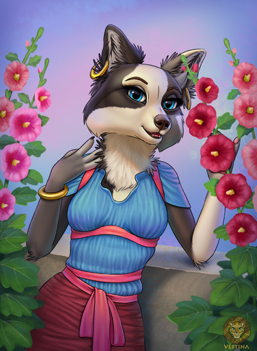 anthro black_body black_fur blue_eyes border_collie bottomwear bracelet canid canine canis claws clothed clothing collie detailed_background domestic_dog dress ear_piercing ear_ring evening female flower fur gold_(metal) herding_dog hi_res inner_ear_fluff jewelry looking_at_viewer mammal neck_fur pastoral_dog piercing pinup plant pose ribbons sheepdog skirt smile smiling_at_viewer solo tuft vestina white_body white_fur // 1400x1907 // 1.2MB