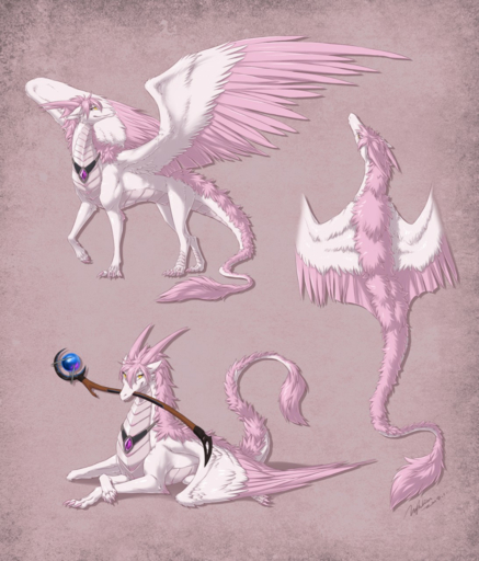 2019 digital_media_(artwork) dragon feathered_dragon feathered_wings feathers fur furred_dragon hair hi_res horn hyhlion pink_body pink_feathers pink_hair pink_horn simple_background smile solo white_body white_feathers wings // 1093x1280 // 1.6MB