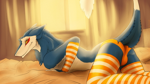 16:9 2015 anthro arm_warmers armwear bed blue_body blue_fur bulge butt clothing fur furniture girly hi_res leg_warmers legwear linuell looking_at_viewer male markus_(dowantanaccount) pattern_armwear pattern_clothing pattern_legwear raised_tail sergal simple_background smile solo stockings striped_armwear striped_clothing striped_legwear stripes white_body white_fur widescreen yellow_sclera // 1920x1080 // 500.1KB