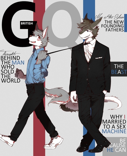 absurd_res canid canine canis clothing discordnight duo english_text enmapsycho footwear hi_res magazine male mammal necktie sergal shirt shoes suits text topwear wolf // 4000x4908 // 4.2MB