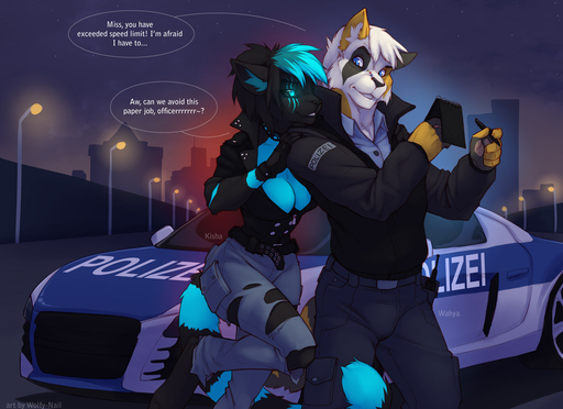 2013 anthro audi big_breasts black_body black_fur blue_body blue_eyes blue_fur blue_hair breasts car cleavage clothed clothing detailed_background dialogue digital_media_(artwork) domestic_cat duo english_text facial_piercing felid feline felis female fur german german_text glowing hair kisha male mammal officer piercing police police_car procyonid raccoon text vehicle wahya white_body white_fur white_hair wolfy-nail // 1250x909 // 213.4KB