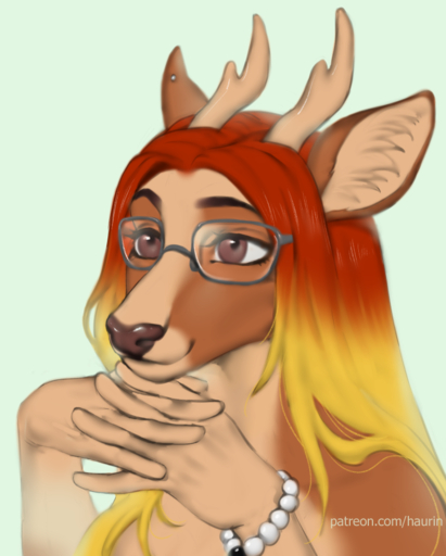 2019 5_fingers anthro antlers brown_eyes brown_nose cervid digital_media_(artwork) female fingers hair hauringu horn mammal red_hair smile solo // 723x900 // 488KB