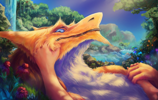 2018 anthro detailed_background digital_media_(artwork) duo forest fur hair human looking_at_viewer male mammal outside plant sergal smile snako solo_focus tree // 1200x767 // 1.5MB