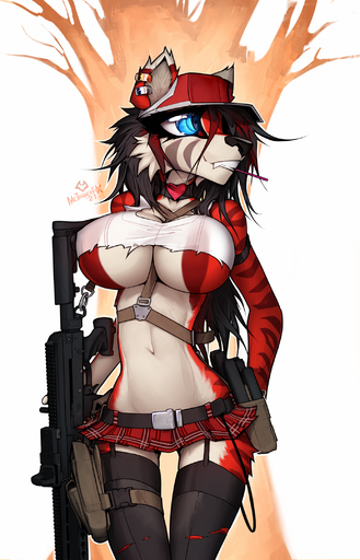 <3 ak-47 ammunition anthro assault_rifle belly belt belt_buckle big_breasts black_hair blue_eyes bottomwear breasts cherry_(macmegagerc) choker clothing crop_top curvaceous curvy_figure ear_piercing eyelashes fangs felid female fur gun hair harness hat headgear headwear hi_res jewelry legwear long_hair macmegagerc magazine magazine_(gun) mammal miniskirt navel necklace pantherine pattern_bottomwear pattern_clothing pattern_skirt piercing plaid plaid_bottomwear plaid_clothing plaid_skirt plant ranged_weapon red_body red_fur red_stripes rifle russian shirt simple_background skirt solo straps stripes teeth thigh_gap thigh_highs thigh_holster tiger tight_clothing tight_fit tights toothpick topwear torn_clothing torn_legwear torn_shirt torn_tights torn_topwear translucent translucent_clothing translucent_topwear tree under_boob underwear voluptuous weapon white_belly white_body white_fur // 1388x2160 // 3.2MB