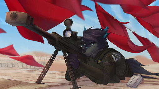 amarihel animated anthro armor barrett_m107 canid canine canis clothed clothing desert detailed_background digital_media_(artwork) fully_clothed fur grey_hair gun hair hi_res holding_object holding_weapon male mammal markings military multicolored_body multicolored_eyes multicolored_fur ranged_weapon rifle short_playtime sniper sniper_rifle solo sound sound_effects sound_warning weapon webm widescreen wolf // 2552x1438, 10s // 3.2MB