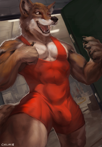 2017 5_fingers abs anthro biceps biped black_body black_fur black_nose brown_body brown_eyes brown_fur bulge canid canine canis chunie clothed clothing countershade_face countershade_torso countershading coyote detailed_background digital_media_(artwork) fingers front_view fur genital_outline group hi_res inside looking_aside male mammal multicolored_body multicolored_fur muscular muscular_male nipples open_mouth pecs penis_outline solo_focus spandex standing teeth tight_clothing tongue white_body white_fur wrestling_singlet // 894x1280 // 412.2KB