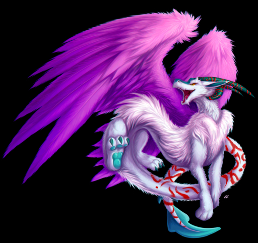 2019 alexy_sinclair alpha_channel amber_eyes ambiguous_gender chibity claws curved_horn dragon feathered_wings feathers feral flexible fluffy flying fur furred_dragon hi_res horn long_tail markings pawpads purple_wings red_markings simple_background solo teal_pawpads toe_claws transparent_background white_body white_fur wings // 1300x1223 // 1.5MB