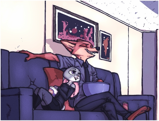 anthro canid canine clothing comic disney female fox fur furniture interspecies judy_hopps lagomorph larger_male luraiokun male mammal necktie nick_wilde purple_eyes size_difference smaller_female sofa zootopia // 1280x972 // 653KB