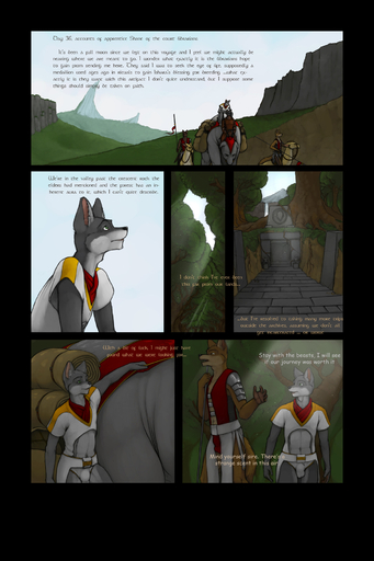 2:3 anthro armor black_nose brown_body brown_fur canid canine canis clothed clothing comic dialogue english_text feral forest fur green_eyes grey_body grey_fur group hi_res ipoke male mammal plant temple text tree valley wolf // 1200x1800 // 784.5KB