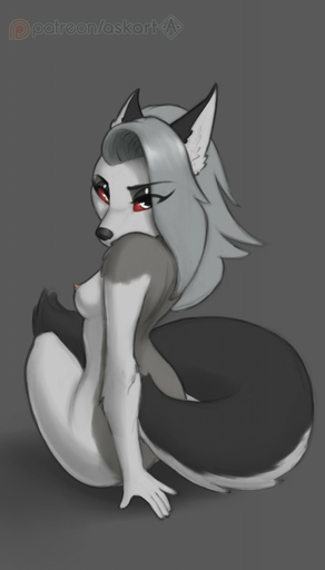 anthro askart breasts canid canine canis female fur grey_background grey_body grey_fur grey_hair hair helluva_boss hi_res long_hair looking_at_viewer looking_back loona_(vivzmind) mammal nipples nude rear_view red_sclera simple_background sitting small_breasts solo tail_around_waist wolf yellow_eyes // 731x1280 // 74.3KB