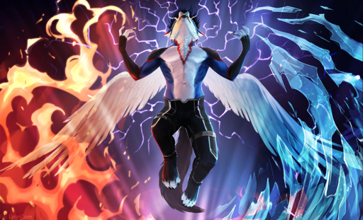 2019 4_toes 5_fingers abs anthro barefoot biped black_nose canid canine canis clothed clothing digital_media_(artwork) feathered_wings feathers feet fingers lynncore male mammal navel open_mouth solo teeth toes topless white_body white_feathers wings wolf // 1280x777 // 1.6MB