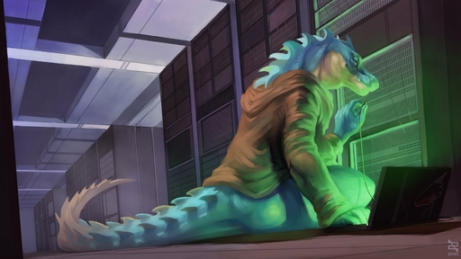 16:9 2020 alligator alligatorid anthro bad_dragon blue_body clothed clothing computer crocodilian data_centre detailed_background digital_media_(artwork) digital_painting_(artwork) hi_res laptop male partially_clothed reptile scalie server_room shaded sitting solo spines sticker tail_spines watermark widescreen zephra // 1920x1080 // 223.1KB