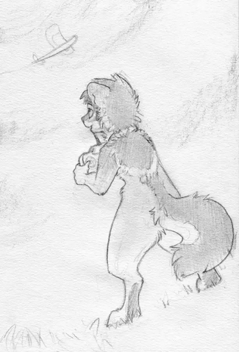aircraft airplane anthro canid canine canis chibi cloud controller digitigrade fur graphite_(artwork) grass greyscale looking_up low-angle_view male mammal monochrome open_mouth outside pencil_(artwork) plant remote_control ruaidri shira_wolven sketch sky smile standing toy_plane traditional_media_(artwork) wolf // 650x955 // 203.1KB