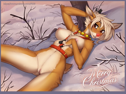 2017 <3 anthro bell bodily_fluids breasts brown_eyes capreoline cervid chest_tuft christmas collar crossgender digital_media_(artwork) f-r95 female genitals hair hand_behind_head hand_on_chest harness holidays lying mammal navel nipples nude on_back outside plant pussy red_nose reindeer rudolph_the_red_nosed_reindeer shaded snow solo tears tree tuft white_hair // 1280x955 // 251.0KB