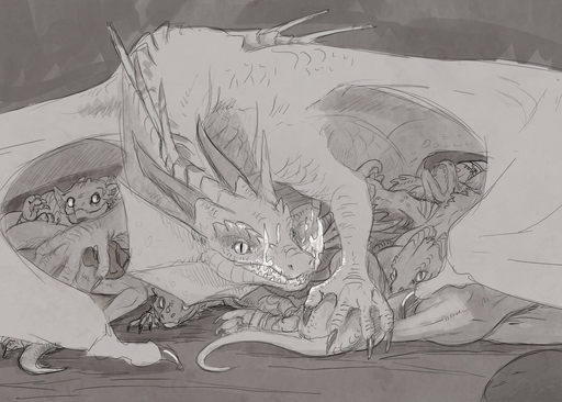 2018 4_fingers ambiguous_gender claws dragon fangs feral fingers fire flamespitter frill_(anatomy) front_view greyscale group horn kobold membrane_(anatomy) membranous_frill monochrome pupils scales scalie slit_pupils solo_focus spread_wings teeth wings // 1400x1000 // 225KB