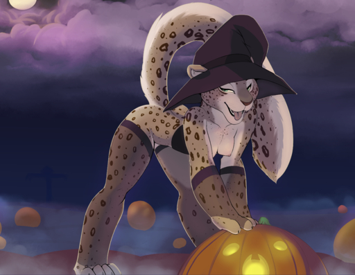 2018 absurd_res anthro bent_over breasts butt clothing fabienne_growley felid female fur half-closed_eyes hat headgear headwear hi_res holidays inner_ear_fluff jack-o'-lantern legwear looking_at_viewer mammal moon mostly_nude narrowed_eyes night nipples open_mouth pantherine sabrotiger snow_leopard solo spots spotted_body spotted_fur tongue tuft witch_hat // 3918x3036 // 5.1MB
