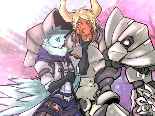 4:3 ambiguous_gender ana_(overwatch) anthro armor avian bird blonde_hair bovid bovine cattle clothed clothing duo facial_hair goatee hair horn male maleambiguous mammal owl patto reinhardt_(overwatch) size_difference video_games // 1440x1080 // 1.8MB