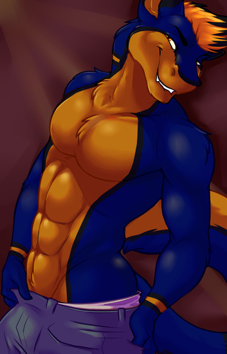 2016 abs anthony_(lilabc) anthro bite biting_lip biting_own_lip blue_body blue_fur bottomwear bulge canid canine canis clothed clothing fcsimba fur hair hi_res hybrid male mammal multicolored_body multicolored_fur muscular muscular_anthro muscular_male orange_body orange_eyes orange_fur orange_hair pants pecs pose self_bite sergal smile smirk solo underwear wolf // 800x1250 // 482KB