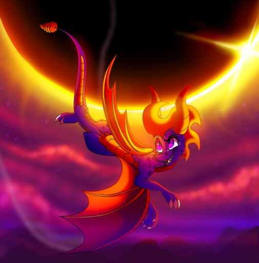 2018 absurd_res activision claws digital_media_(artwork) dragon eclipse feral flying hi_res horn male membrane_(anatomy) membranous_wings open_mouth plaguedogs123 purple_eyes scales scalie sky smile solo spines spyro spyro_the_dragon star starry_sky teeth tongue video_games western_dragon wings // 3360x3408 // 6.2MB