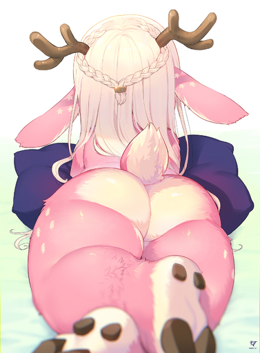 ambiguous_gender anthro antlers blurred_foreground braided_hair butt cervid cloven_hooves countershade_feet countershading crossed_legs feet fur hair hi_res hooves horn kemono kishibe long_hair looking_away lying mammal on_front pillow pink_body pink_fur rear_view short_stack small_tail soles solo spots star_marking thick_thighs underhoof white_body white_fur white_hair // 1400x1900 // 1.1MB