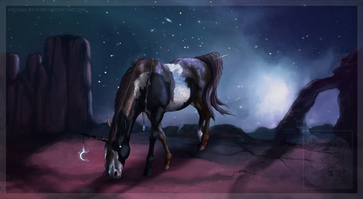 2016 arsauron brown_hair digital_media_(artwork) equid equine feral hair hooves horn horse mammal night outside sky solo standing star starry_sky unicorn // 1500x823 // 1.2MB