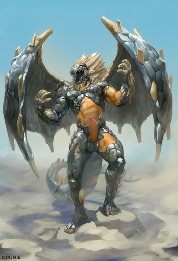 2018 anthro balls chunie claws detailed_background digital_media_(artwork) dragon erection genitals glowing glowing_eyes hi_res humanoid_genitalia humanoid_penis male muscular muscular_anthro muscular_male nude open_mouth penis solo standing wings // 874x1280 // 477KB