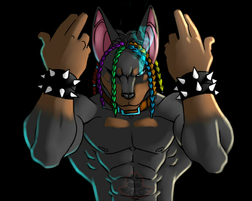 5:4 abs anthro black_body black_fur blue_eyes braided_hair canid canine canis collar domestic_dog faint fur glowing glowing_eyes hair looking_at_viewer male mammal metal muscular muscular_anthro muscular_male rainbow solo spikes // 625x500 // 105.7KB