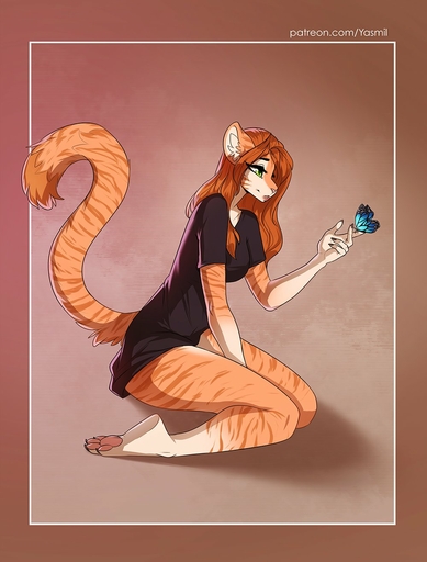 4_toes 5_fingers anthro breasts brown_hair eyebrows eyelashes feet felid female fingers hair hi_res mammal pantherine smile solo text tiger toes url yasmil // 1000x1317 // 158.9KB