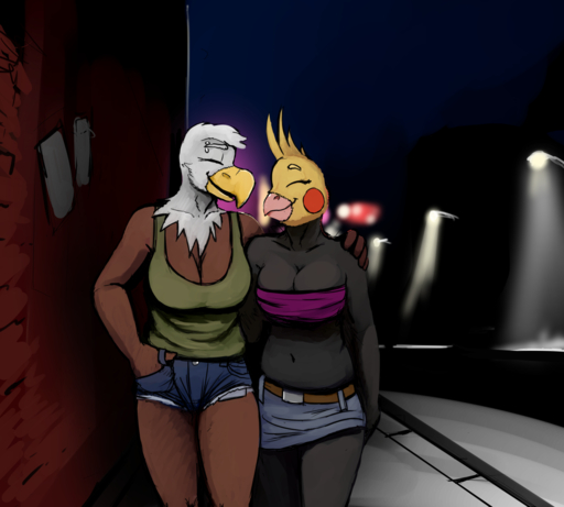 accipitrid accipitriform anthro avian bald_eagle beak big_breasts bird breasts cleavage clothed clothing cockatiel cockatoo duo eagle eyebrow_piercing eyes_closed facial_piercing female femalefemale hladilnik midriff night non-mammal_breasts parakeet parrot piercing sea_eagle true_parrot // 1280x1152 // 770.4KB
