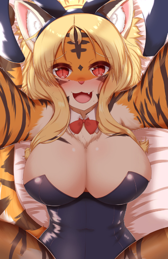 2021 alternate_version_at_source anthro bed big_breasts blonde_hair blush bow_tie breasts brown_body brown_fur chest_tuft cleavage clothed clothing cute_fangs facial_markings fake_ears fake_rabbit_ears felid female first_person_view fluffy fur furniture glistening glistening_hair hair head_markings hi_res high-angle_view horokusa0519 huge_breasts inner_ear_fluff kemono legwear looking_at_viewer lying mammal markings multicolored_tail on_back on_bed open_mouth orange_body orange_fur pantherine pink_nose pupils red_eyes shirt_collar slit_pupils solo spread_legs spreading stockings tiger tongue tuft white_body white_fur // 1350x2075 // 1.6MB