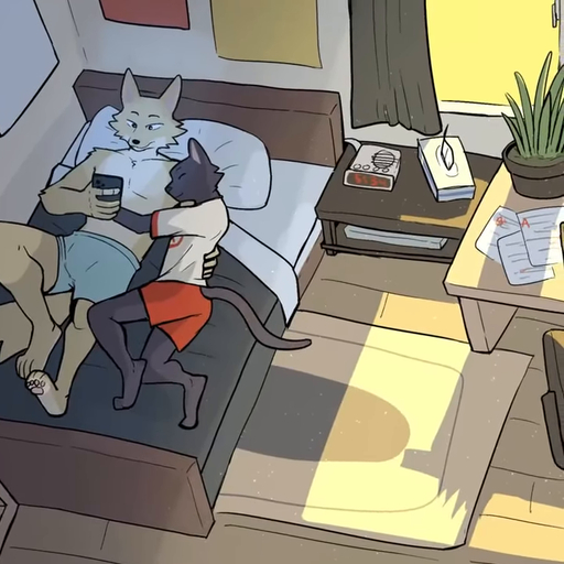 animated anthro bed canid canine clock cuddling duo embrace eyes_closed felid feline fennec fox furniture hug jrjresq lying lying_on_bed male malemale mammal music on_bed on_side phone plant relaxing shirtless shirtless_anthro shirtless_male tissue_box vulpes webm window // 720x720, 32.3s // 3.7MB