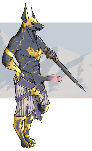 absurd_res anthro anubian_jackal anubis assassin's_creed balls bodily_fluids canid canine canis clothing cum deity egyptian egyptian_mythology genital_fluids genitals hi_res holding_object holding_sword holding_weapon humanoid_genitalia humanoid_penis jackal looking_at_viewer male mammal melee_weapon middle_eastern_mythology mythology nipples open_mouth penis precum securipun smile solo sword ubisoft video_games weapon // 1777x2903 // 3.4MB