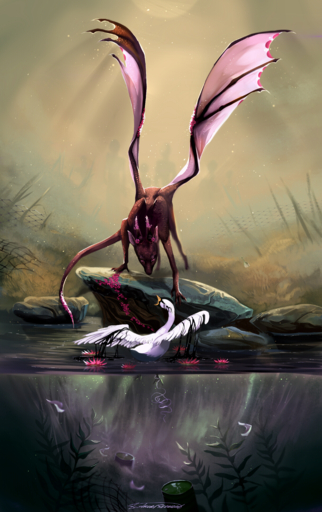 2019 absurd_res anatid anseriform anserinae avian bird day detailed_background digital_media_(artwork) dragon duo feral grey_body grey_scales hi_res horn membrane_(anatomy) membranous_wings outside partially_submerged pink_eyes scales scalie spread_wings standing swan water western_dragon wings yanatkach // 2880x4580 // 18.9MB